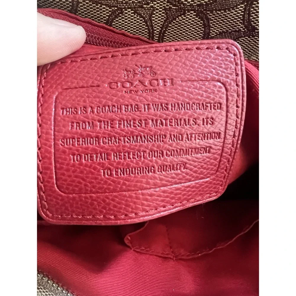 Coach Signature Coated Canvas‎ and Red Leather Trim Purse Tote Gold Hardware